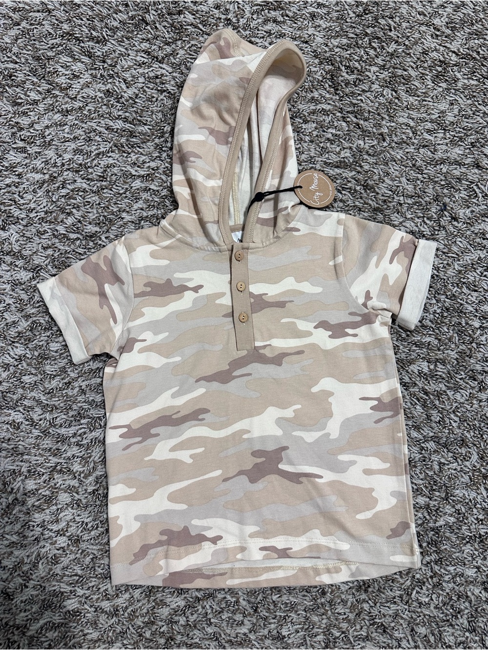 City Mouse boys Beige Camo Hooded Short Sleeve Tee